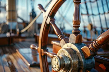 Deurstickers Classic ship wooden wheel and part of the deck © Fabio