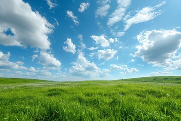 Fototapeta na wymiar Field of green grass with blue sky and clouds