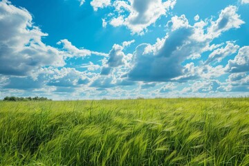 Obraz premium Field of green grass with blue sky and clouds