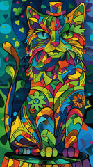 Psychedelic cat in neo cubist style, featuring prominent green hues