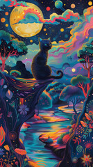 Obraz na płótnie Canvas colorful Illustration of a Whimsical cat in a dreamlike background. 