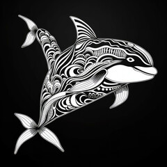 Naklejka premium Killer whale Mandala Style Illustration, black and white