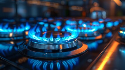 Detailed blue fire rings on a stainless steel stovetop - obrazy, fototapety, plakaty