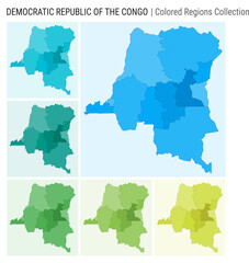 DR Congo map collection. Country shape with colored regions. Light Blue, Cyan, Teal, Green, Light Green, Lime color palettes. Border of DR Congo with provinces for your infographic.