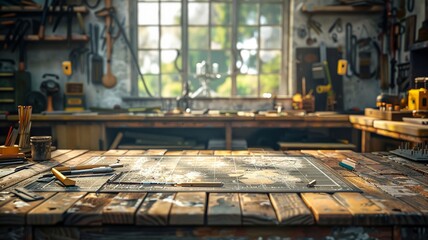 Artisan's workspace with assorted design tools on a measured surface - obrazy, fototapety, plakaty