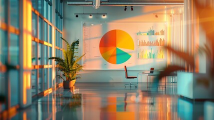 Modern office with a clear whiteboard and colorful pie charts
