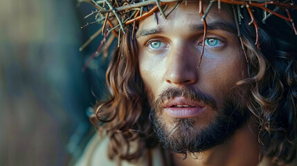A portrait depicting the face of Jesus with a crown of Thorns. The concept of Easter and Resurrection, purification from sins, faith and freedom