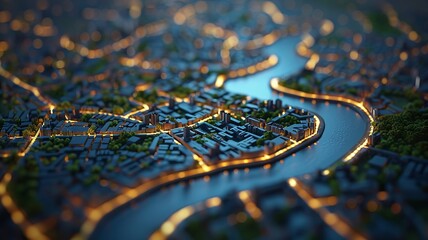 3D city map with pinpointed locations and a clear blue river running through