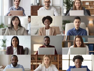 A collage of nine individuals, each in separate frames, focusing intently on their laptops signifies a remote, diverse workforce.