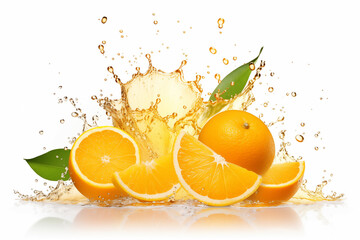 Orange fresh with splashes of juice on a white background