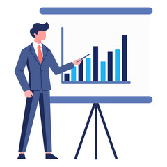 Man with a diagram on the board is giving a presentation with a pointer. Business presentation. Vector flat icon.