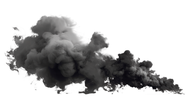A black smoke cloud is rising. Isolated on transparent background, PNG