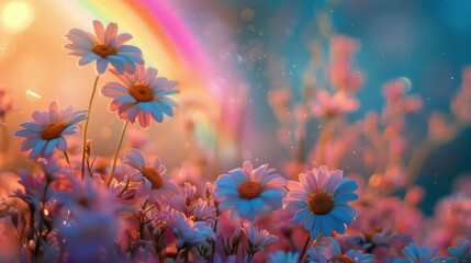Field of Daisies With Rainbow in Background