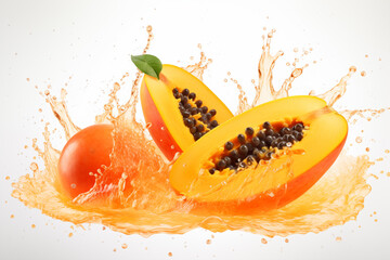 papaya fruit with splashes of juice on a white background
