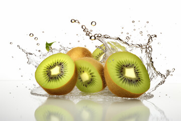 kiwi fresh fruit with splashes of juice on a white background