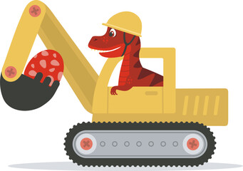 Funny dinosaur driving excavator. Digging Dino holding egg - 752249453