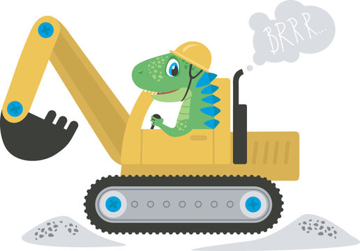 Funny dinosaur driving excavator. Digging Dino character.