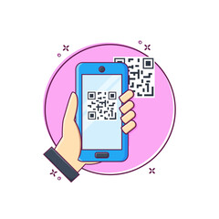 Scan QR code use mobile phone cartoon vector illustration. Hand holding smartphone to verification QR code concept