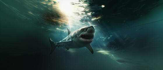 Great White Shark Swimming in Ocean Depth, Realistic Underwater Style