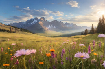 A tranquil meadow bathed in soft sunlight, surrounded by colorful wildflowers and towering mountains in the distance.
