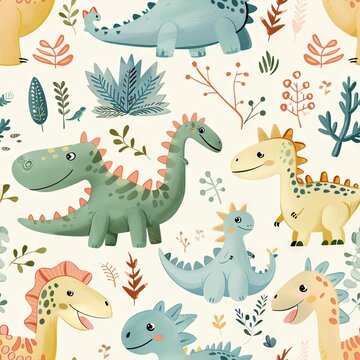 dinosaur animal print, pastel watercolor, cartoon, on blue background. ai generated
