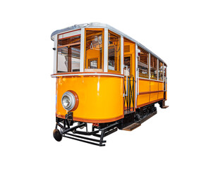 Old yellow tram isolated on white background.