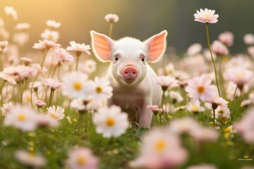 Happy piglets playing on the field, young funny pig on a spring green grass on the farm. Vegan and vegetarian. Organic farming and agriculture, livestock. Animal health and exotic pet concept
