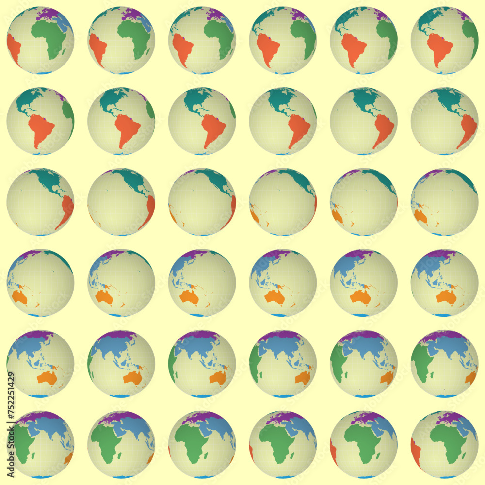 Poster collection of globes. normal sphere view. rotation step 10 degrees. colored continents style. world 