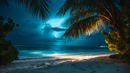 tropical beach view at cloudy stormy night with white sand, turquoise water and palm trees. Neural network generated image. Not based on any actual scene or pattern.