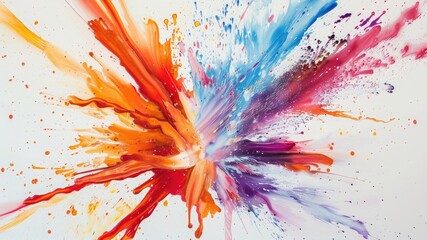 Vibrant explosion of colors in a captivating spray, set against a clean white backdrop. Ideal for wallpapers and dynamic visual compositions.