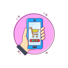 Online shopping concept cartoon vector illustration. Hand holding smartphone to buy in shop application. E-commerce in mobile phone
