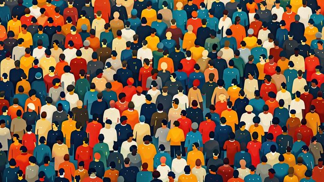 Capturing the essence of inclusion, diversity, and love in a crowded, vibrant setting. Illustration featuring people of different cultures, colors, and races coming together in a humanistic display of
