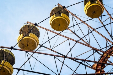 carousel cabins in an abandoned amusement park in Chernobyl