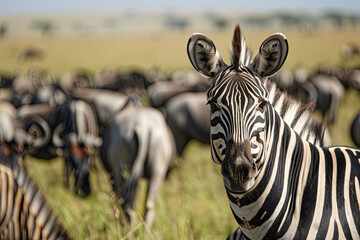 Zebras and wildebeest in the Serengeti in Tanzania - obrazy, fototapety, plakaty