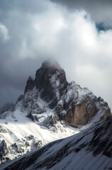 Fototapeta na wymiar dramatic, snowy mountain peak partially obscured by misty clouds, creating a mysterious and majestic atmosphere