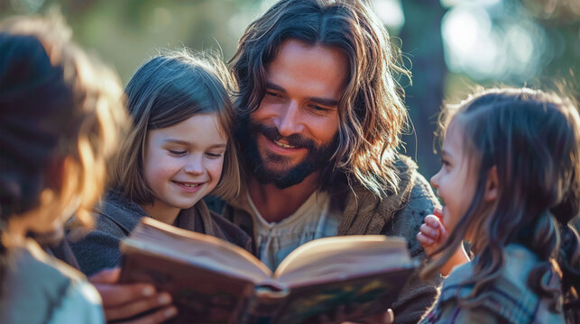 A portrait depicting a happy Jesus reading the Bible to small and sweet children. The concept of Easter and Resurrection, enlightenment and teaching, faith and freedom