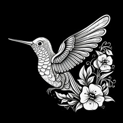 Fototapeta premium Hummingbird Mandala Style Illustration, black and white