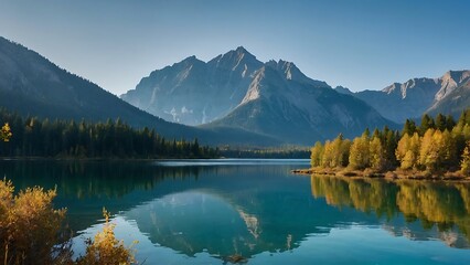 Fototapeta premium crystal-clear lake, mountain lake reflecting the cloud-streaked sky,towering mountains in the background