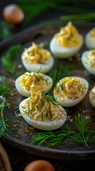 Plate of Deviled Eggs With Dill on Top