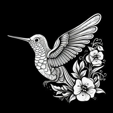 Hummingbird Mandala Style Illustration, black and white