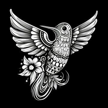 Hummingbird Mandala Style Illustration, black and white