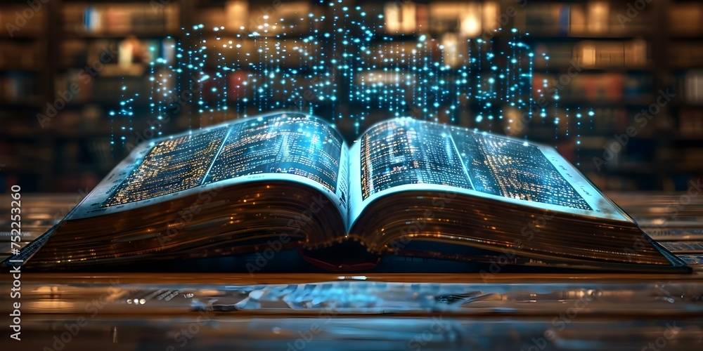 Aufkleber blending technology and education seamlessly with a digital book featuring code. concept educational