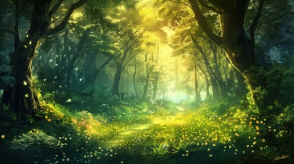 Summer glowing magical fabulous forest with fireflies. Generative AI