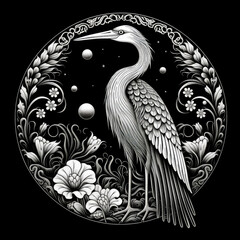 Heron Mandala Style Illustration, black and white