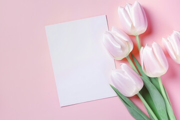 Beautiful tulip flowers and a card note on pastel pink background.