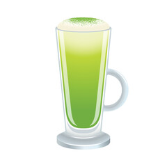 Matcha latte with froth milk vector illustration. Green matcha tea latte drink icon vector isolated on a white background. Latte in a tall glass with a handle graphic design element