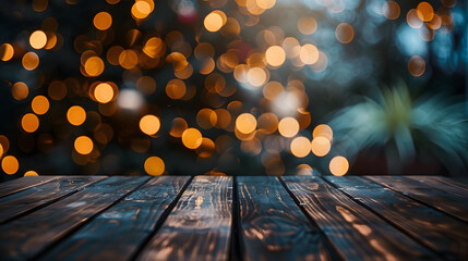 Christmas and New year background with empty dark wooden deck table over , blurred light bokeh. Empty display for product montage , - obrazy, fototapety, plakaty