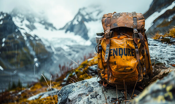 Hiker's backpack resting against a mountain rock with ENDURE painted on it amidst snowy peaks, embodying the spirit of resilience and adventure in nature