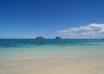 Beautiful scenery of Lanikai Beach and Mok Nui and Mok Iki in Hawaii