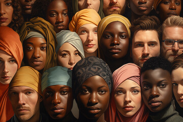 Obraz premium Global diversity of Human Identities concept art, human face paintings, Drawings of different tribes around the world, A group of people representing their traditions and cultures in Different eras